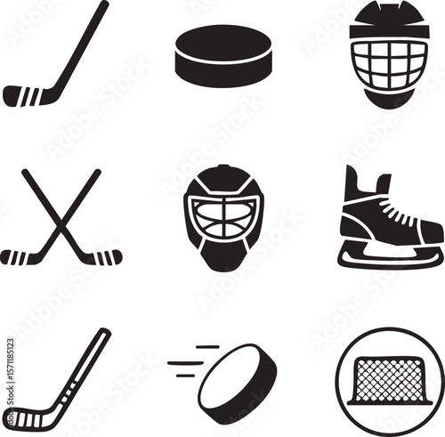 Black and white hockey equipment icon set featuring sticks pucks helmets and skates for sport related graphics and designs