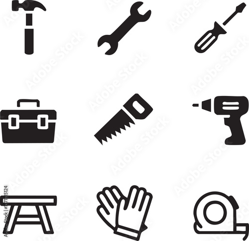 Black and white handyman tools silhouette icon set for carpentry and home improvement projects graphic design