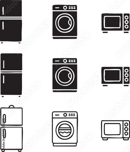 Black and white kitchen and laundry appliance illustration minimalist refrigerator washing machine and microwave icon set