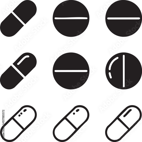 Black and white pill and capsule vector icon set for healthcare and medical design elements