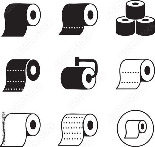 Black and white toilet paper rolls icon set variety for hygiene or bathroom design elements minimalist style vector graphic