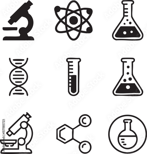 Black and white science laboratory icon set featuring microscope atom dna and chemical structures