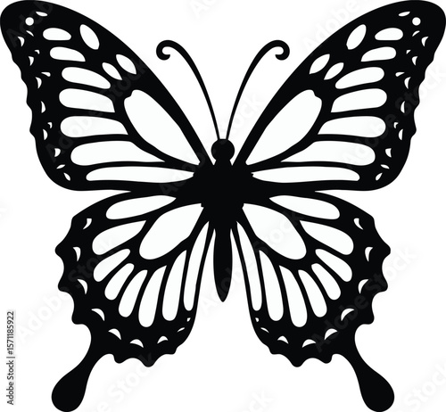 A detailed black silhouette of a butterfly with symmetrical wings and decorative patterns.
