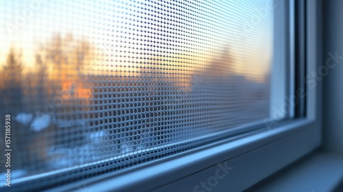 Close-up of mosquito net on window with soft evening light and blurred outdoor background