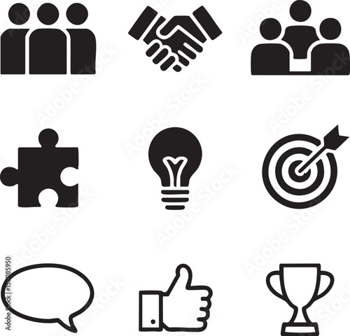 Business and teamwork concept in minimalist vector icon set depicting collaboration,strategy,innovation,and achievement for business presentations and web designs
