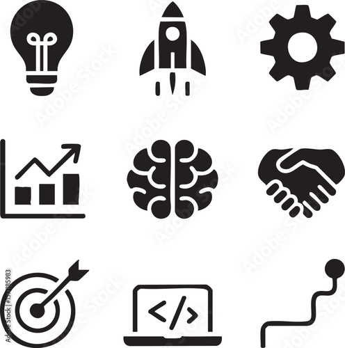 Business and technology icon set featuring innovation success teamwork and strategic growth concepts in black and white