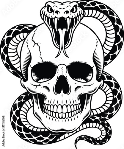 Intricate black and white illustration of a coiled snake with fangs bared around a cracked human skull
