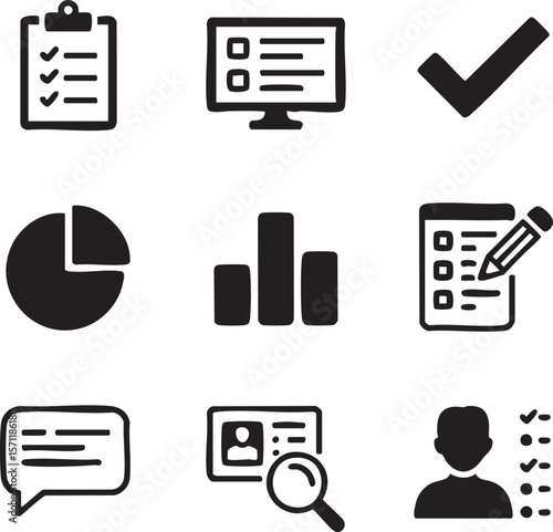 Business management and analytics icon set featuring checklist graph chart pie chart and identification with magnifying glass