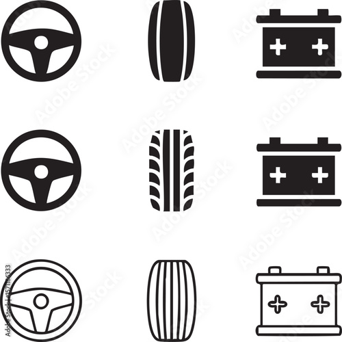 Car components icon set featuring steering wheels tires and batteries in black and white vector design