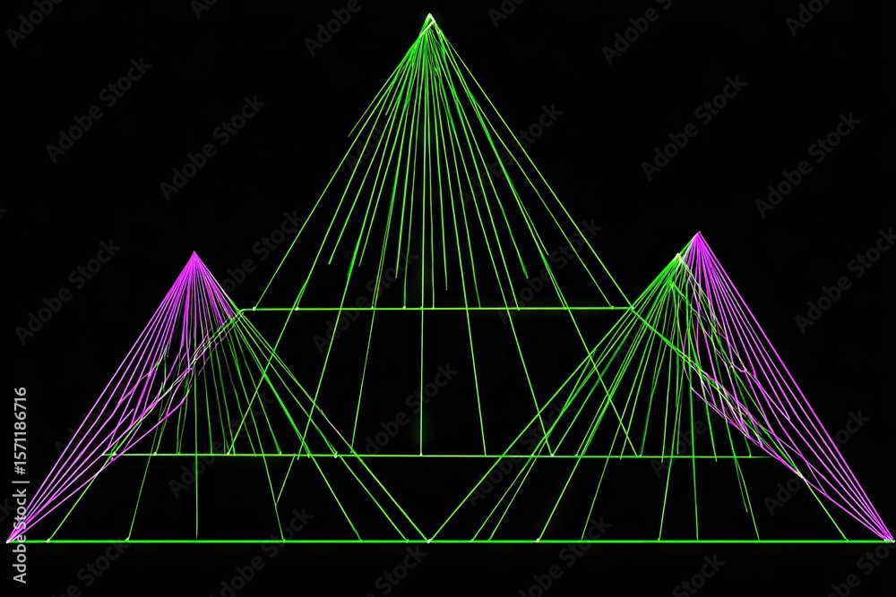 Obraz premium Three interconnected pyramids, outlined in vibrant green and magenta lines, radiating from a central point on a black background. Geometric design with radiating lines creating depth and structure