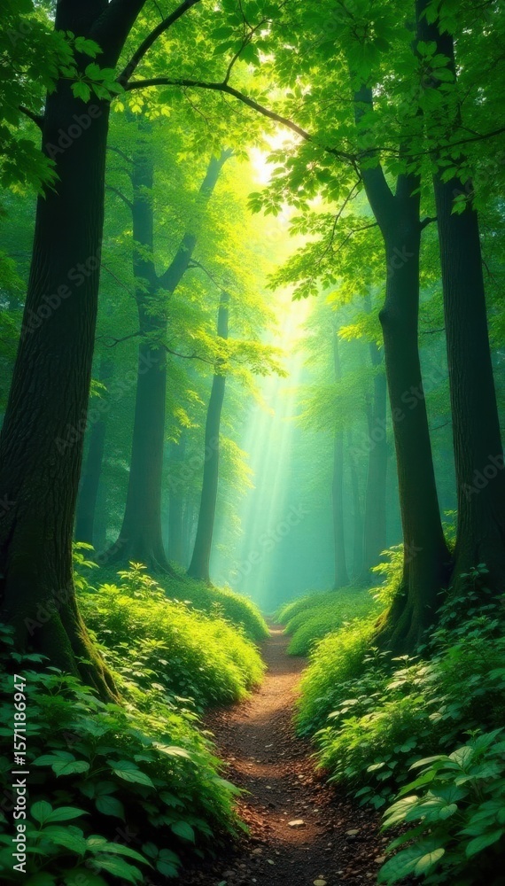 Naklejka premium Lush green canopy, sunlight dappling forest floor, undergrowth, leaves, canopy