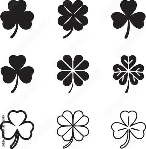 Collection of black and white clover leaf illustrations,decorative lucky shamrock icon set for saint patricks day with floral elements