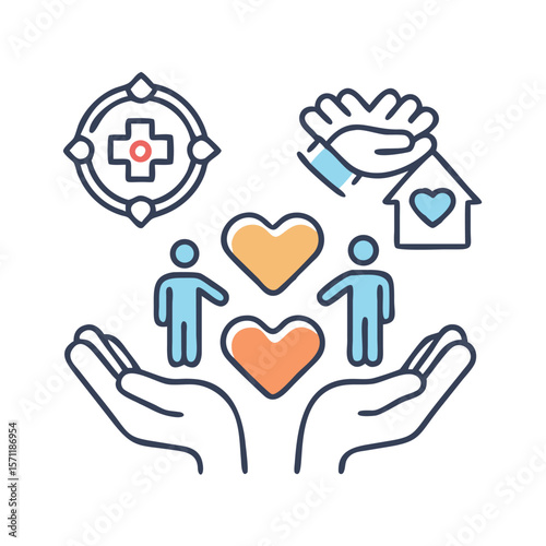 Comprehensive collection of care and support icons featuring a dog illustration ideal for healthcare veterinary services animal welfare and general assistance designs in a modern