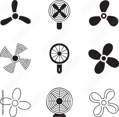 Collection of black and white cooling fan icon set featuring table fans,ceiling fans and handheld personal fans for graphic design and illustration projects