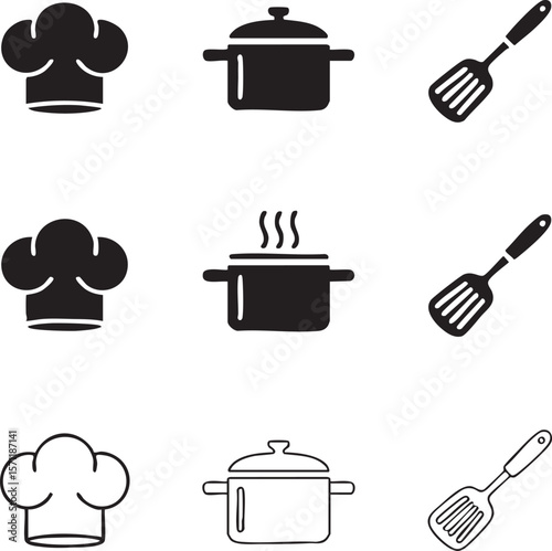 Culinary vector icon set featuring chef hats cooking pots and spatulas isolated on white background kitchen tools and utensils