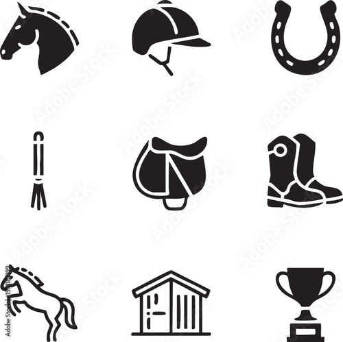 Equestrian sports black silhouette icon set featuring horse head helmet horseshoe riding crop saddle cowboy boots stable and trophy cup vector