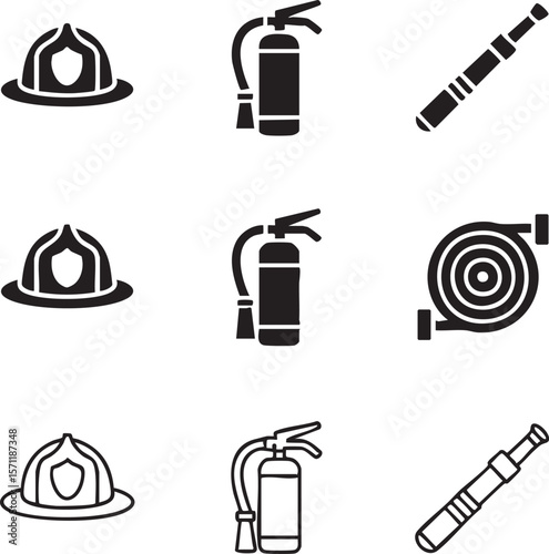 Firefighter safety equipment icon set featuring fire extinguishers and helmets isolated on white background