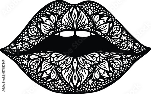 Lips with floral mandala beautiful pattern.