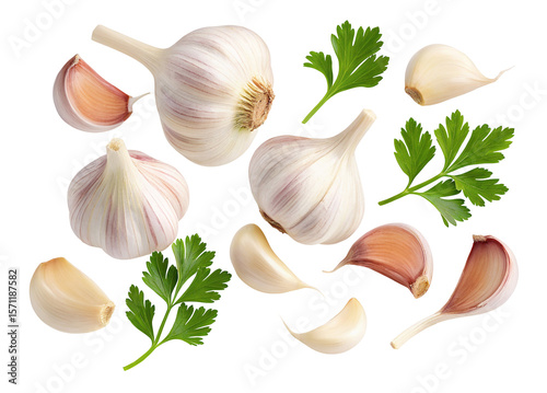 Fresh garlic bulbs and parsley leaves isolated on white high quality culinary ingredients