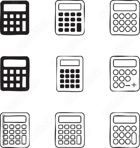 Hand drawn calculator icon set representing mathematics and finance tools for business calculations and education outlines