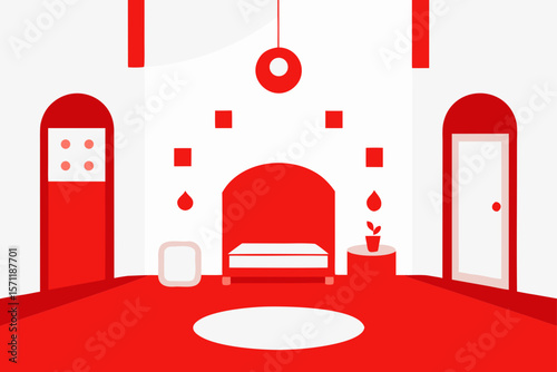 Peaceful Cartoon Room With White And Red Decoration