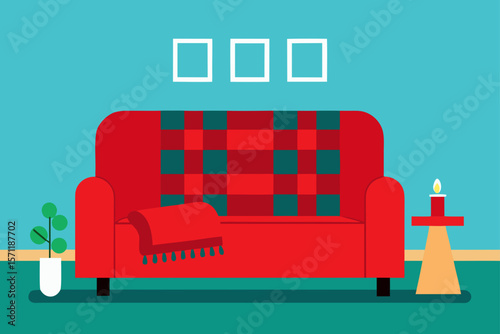 Room With Red Plaid Blanket On Sofa And Festive Cushions