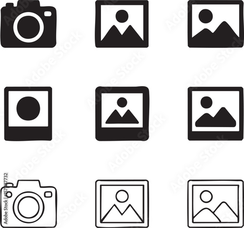 Hand drawn photo and gallery icon set featuring camera and landscape imagery collection graphic photography