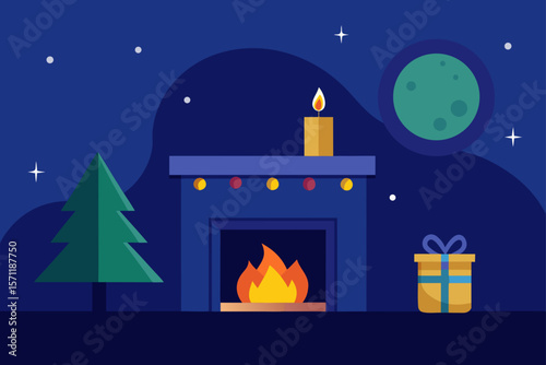 Nighttime Interior Scene With Fireplace And Holiday Mood