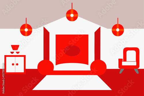 Peaceful Cartoon Room With White And Red Decoration