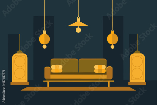 Living Room With Elegant Hanging Lights And Gold Accents