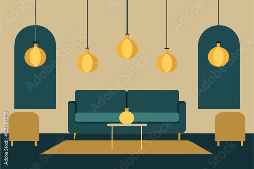 Living Room With Elegant Hanging Lights And Gold Accents