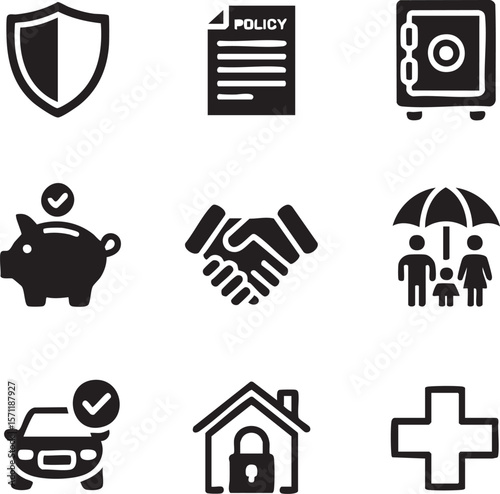 Insurance and protection vector icon set featuring policy financial security safety and assurance for assets