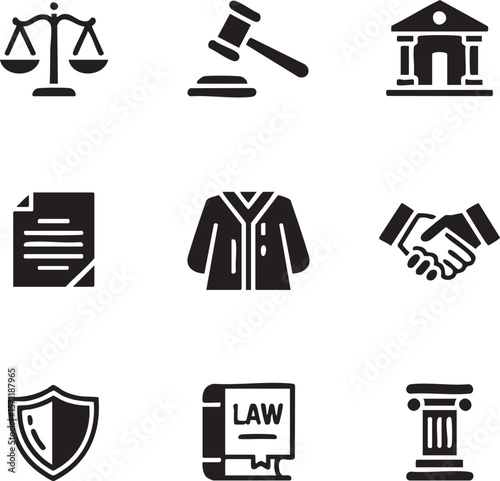 Law and justice monochrome icon set featuring scales of justice gavel court building documents robe handshake shield law book and pillar