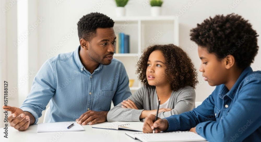African male adult assisting african children with homework at home African male adult assisting african children with homework at home