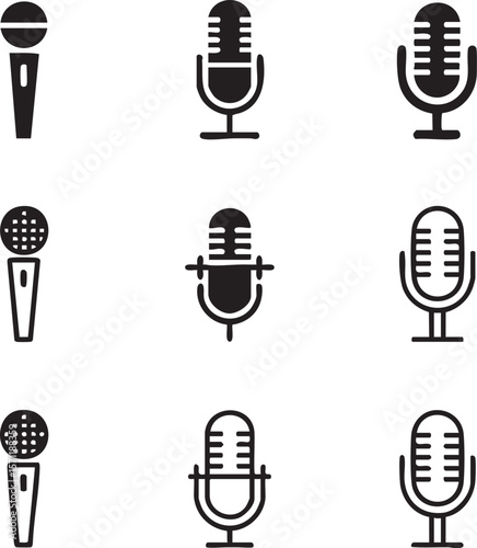 Microphone icon set vector art with different styles black and white audio podcast vocal and broadcast recording equipment