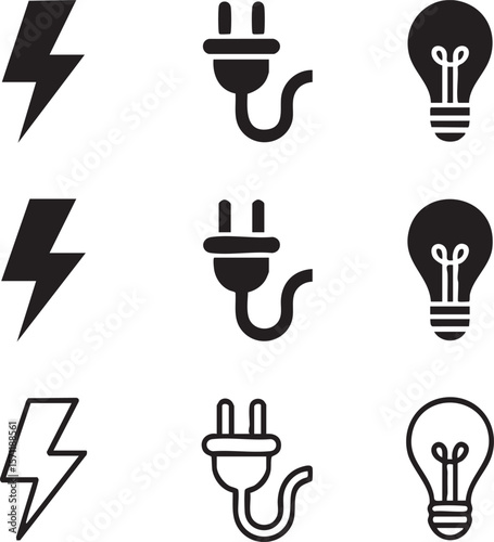 Minimalist black and white electricity icon set featuring lightning bolts plugs and lightbulbs depicting power generation and energy consumption