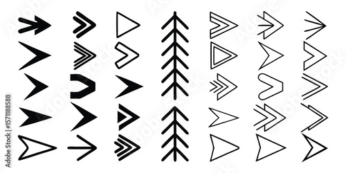Extensive collection of black arrow icons designed for web and application interfaces offering a diverse range of directional symbols for navigation user interface elements and