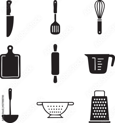 Minimalist black and white kitchen utensils icon set featuring knife whisk rolling pin and cutting board