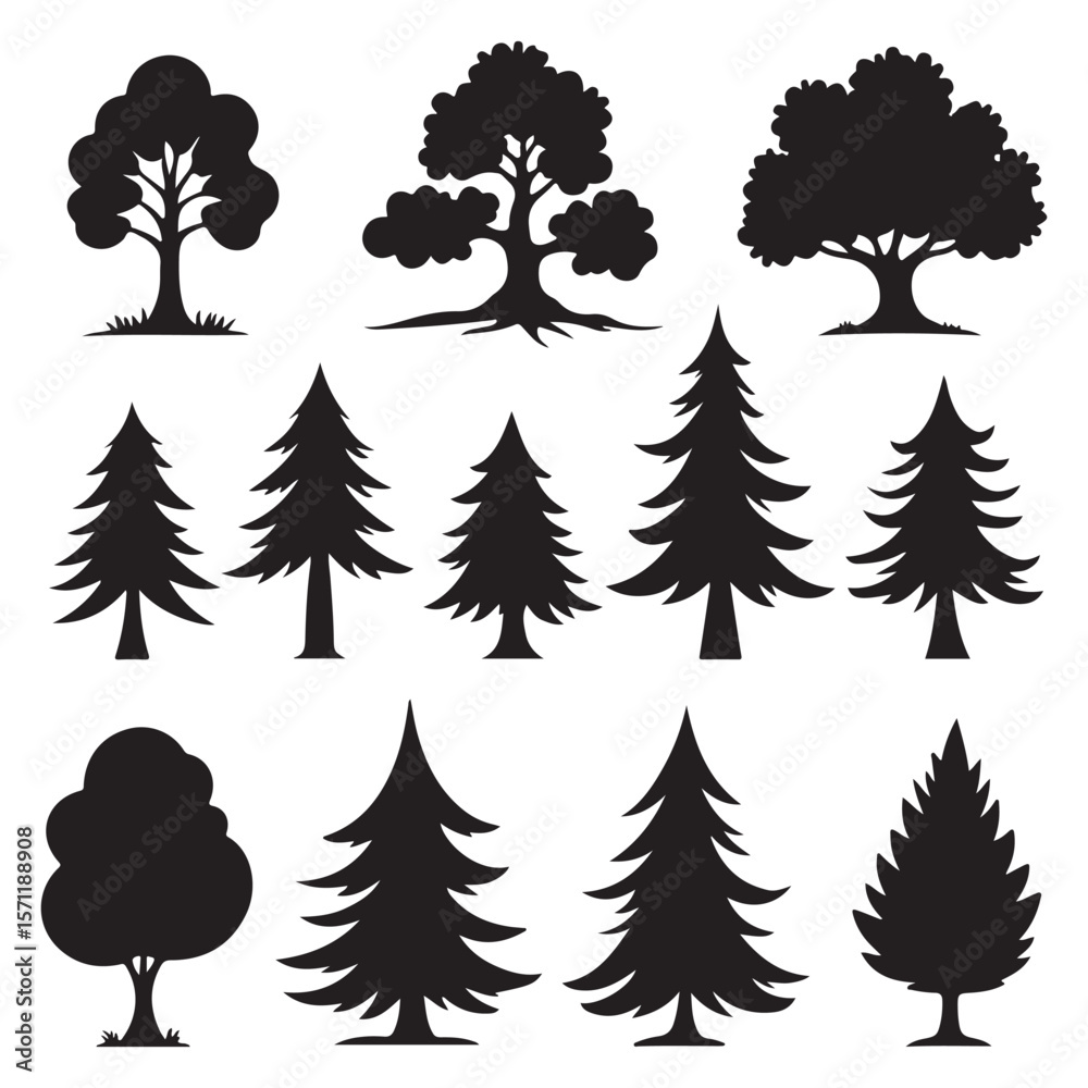 Obraz premium Big Tree Silhouette Vector Set Natural Forest Elements