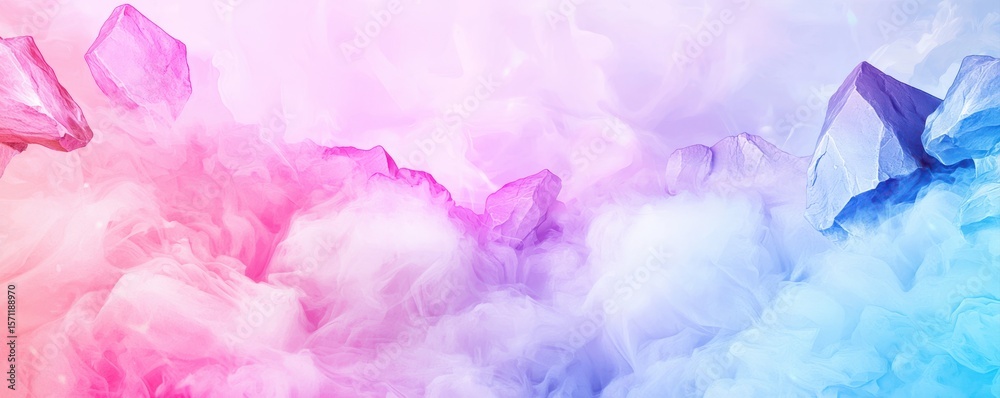 Fototapeta premium Abstract pastel-colored smoke or mist swirls with crystal-like formations in pink, purple, and blue hues, creating a soft, dreamy, and ethereal atmosphere.