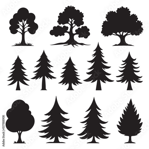 Big Tree Silhouette Vector Set Natural Forest Elements