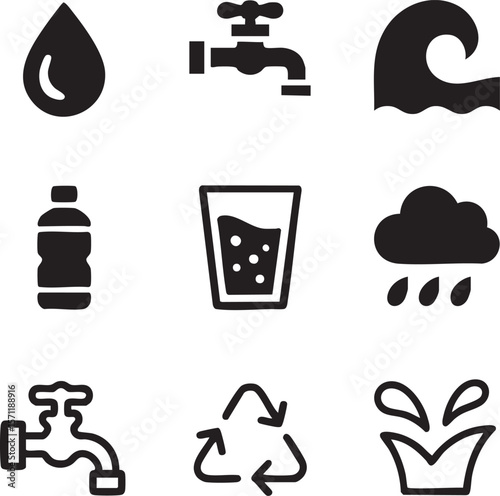 Minimalist black and white water related icon set featuring drop faucet wave bottle glass rain cloud recycle and splash