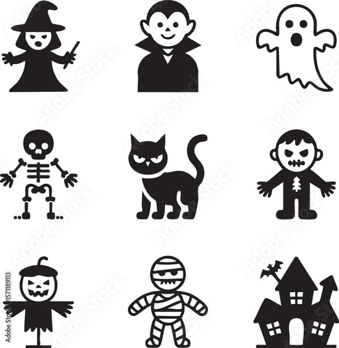 Minimalist halloween icon set featuring witch vampire ghost skeleton black cat and mummy