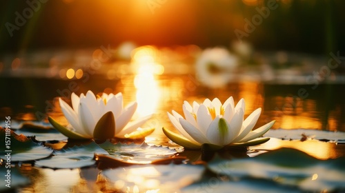 Beautiful lilies are floating on the water as the sun sets behind them, creating a tranquil atmosphere with lotus flowers in the foreground