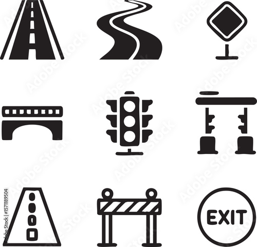 Minimalistic road and transportation icon set presenting highway symbols including exit signs and traffic lights in black and white