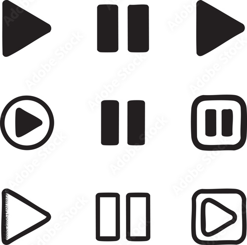 Multimedia control elements vector icon set play and pause buttons graphics media player symbols different shapes user interface design