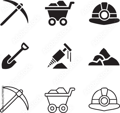 Mining vector icon set featuring pickaxes,shovels,mine carts,drilling equipment and safety helmets perfect for industrial design