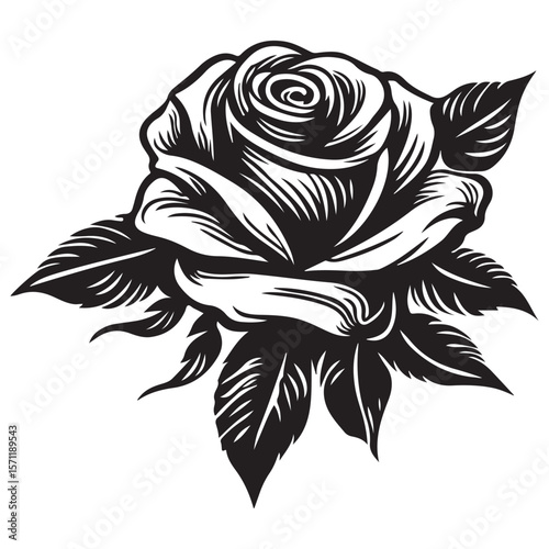 Black and white rose tattoo design with floral vector elements