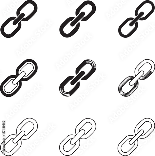Nine chain icons in various styles depicting connection security and network communication representing interlinked components in a clean isolated icon set