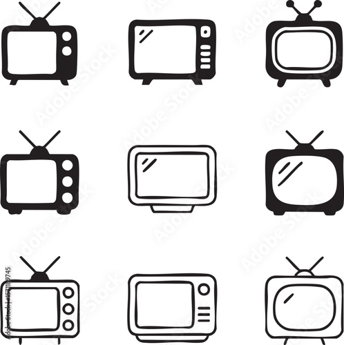 Retro television icon set black and white doodle style vintage television collection old tv sketchy vector graphic media technology